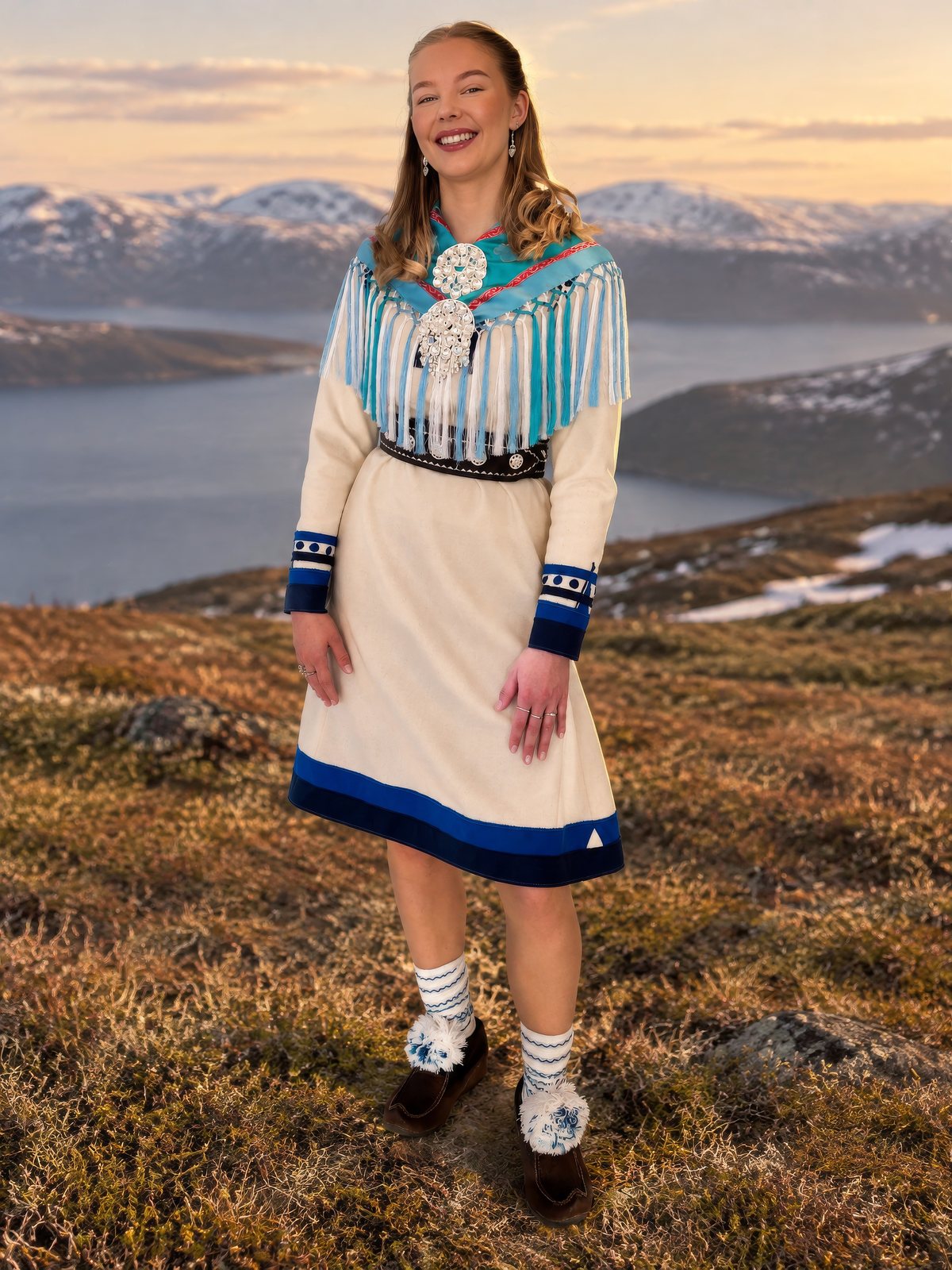 Julie i hvit og blå kofte på fjellet