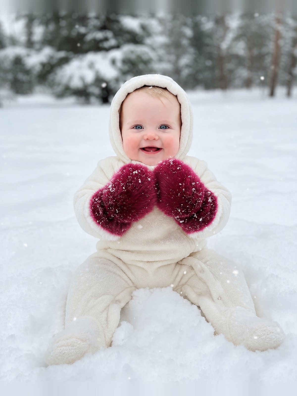 Selskinnsvotter i bruk — baby i snø